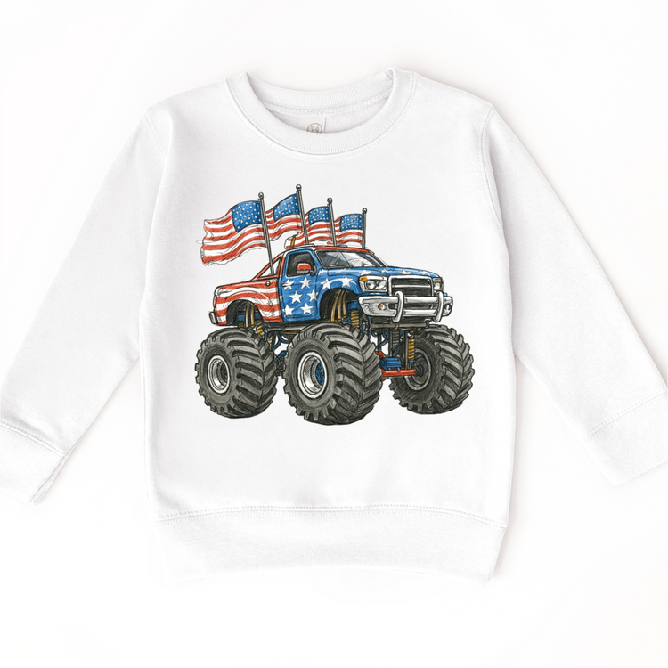 Patriotic Monster Truck Shirt – Red White & Blue American Flag Truck Tee – Kids & Toddler 4th of July Graphic Tee