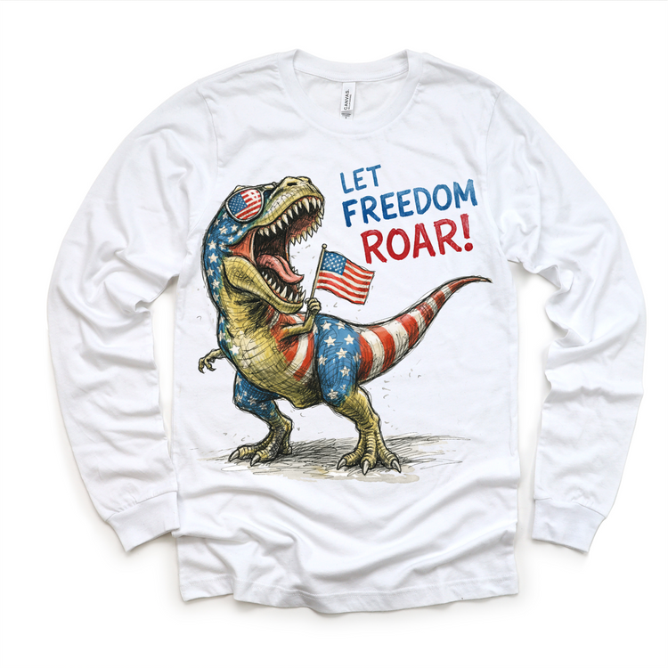 Let Freedom Roar 4th of July T-Rex Shirt – Patriotic Dinosaur Kids Tee – Red White Blue Dino Shirt