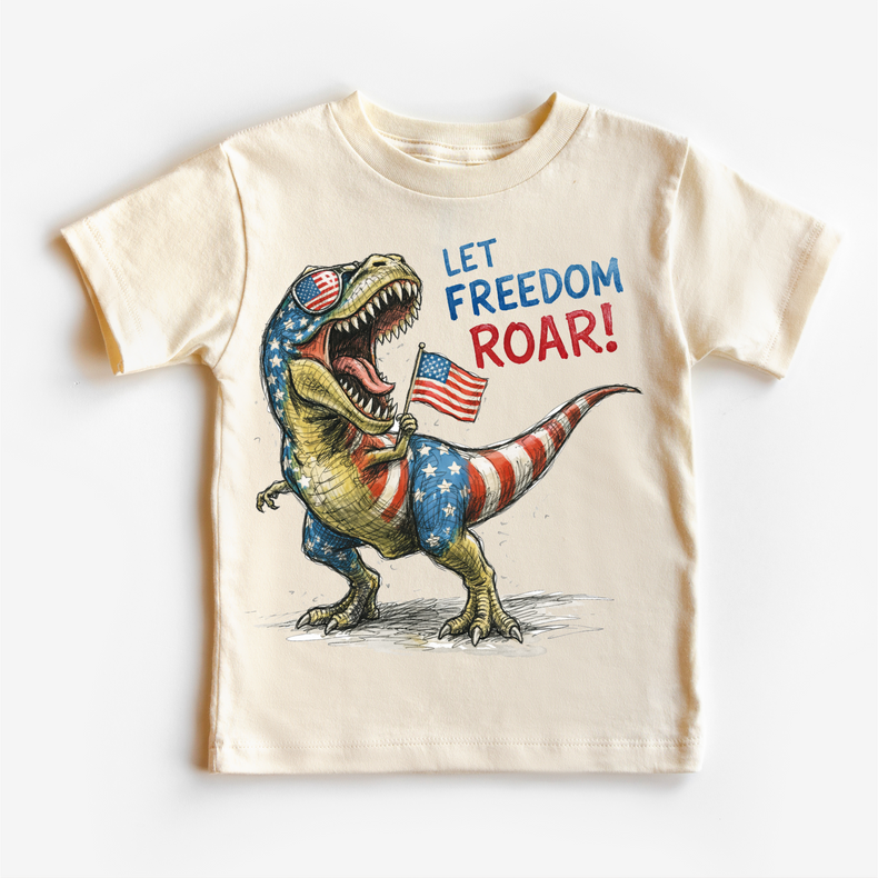 Let Freedom Roar 4th of July T-Rex Shirt – Patriotic Dinosaur Kids Tee – Red White Blue Dino Shirt