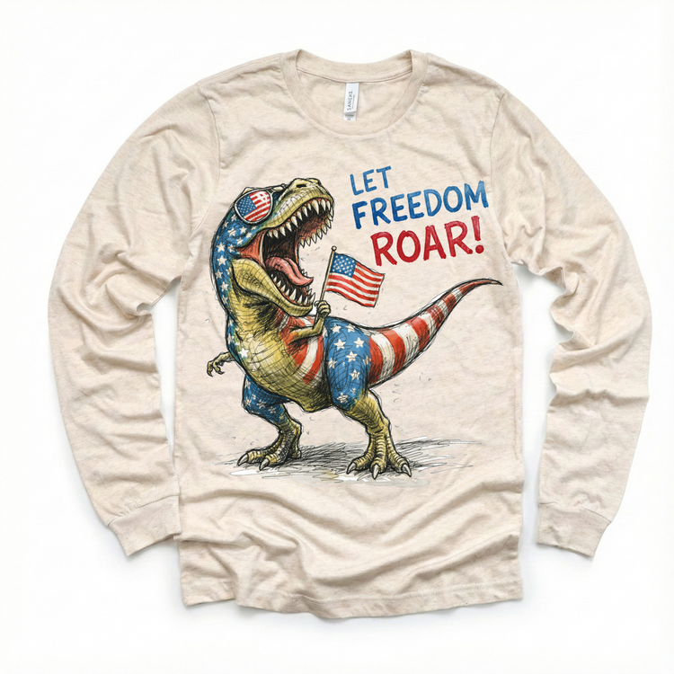 Let Freedom Roar 4th of July T-Rex Shirt – Patriotic Dinosaur Kids Tee – Red White Blue Dino Shirt