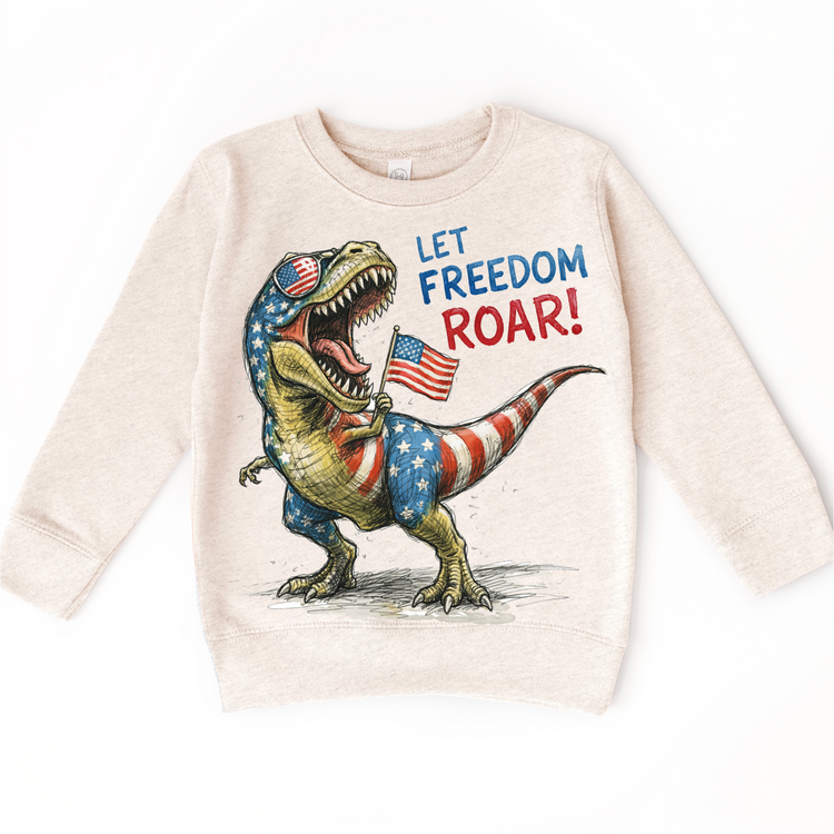 Let Freedom Roar 4th of July T-Rex Shirt – Patriotic Dinosaur Kids Tee – Red White Blue Dino Shirt