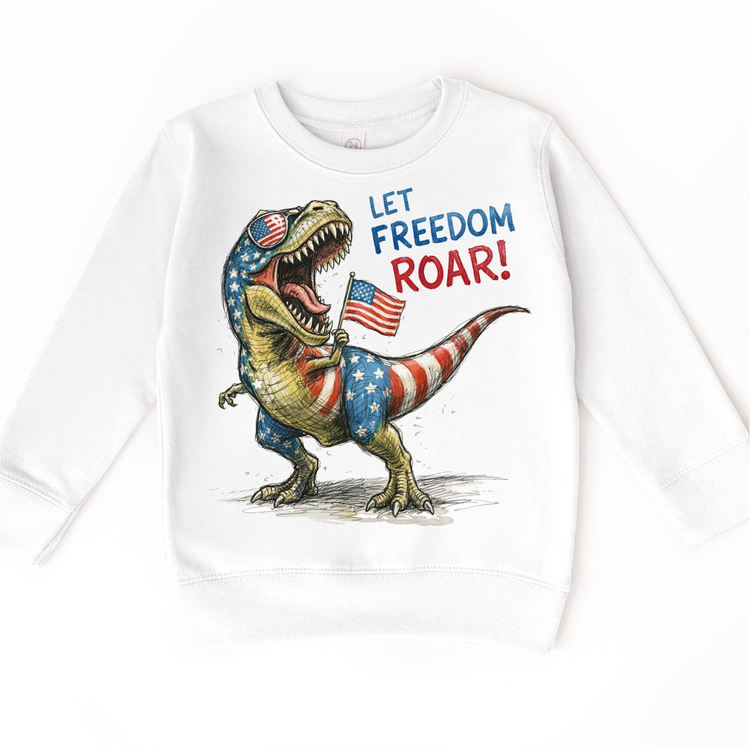 Let Freedom Roar 4th of July T-Rex Shirt – Patriotic Dinosaur Kids Tee – Red White Blue Dino Shirt