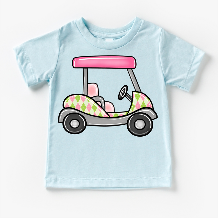Pink Golf Cart Kids Shirt – Preppy Argyle Golf Tee for Girls – Cute Golf Outfit for Toddlers & Kids