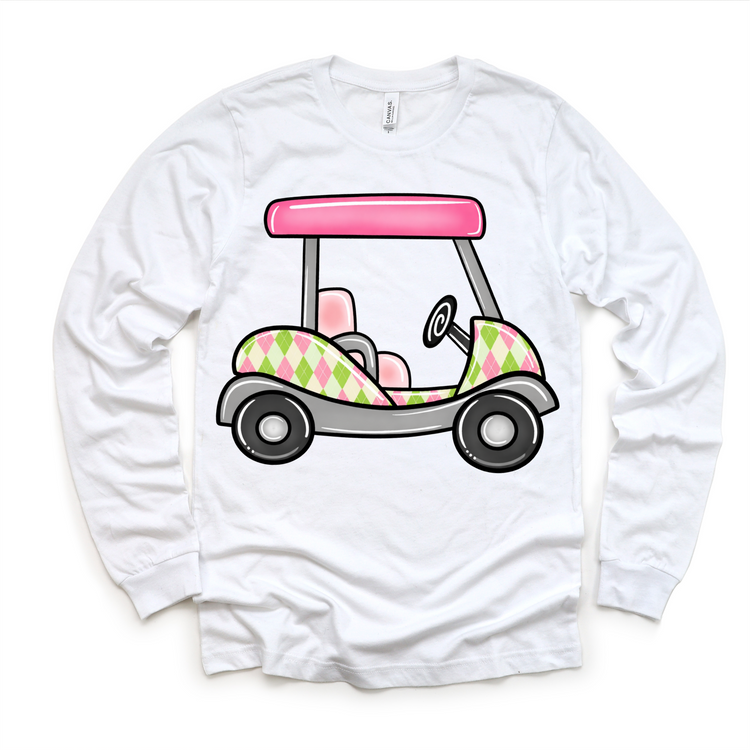 Pink Golf Cart Kids Shirt – Preppy Argyle Golf Tee for Girls – Cute Golf Outfit for Toddlers & Kids