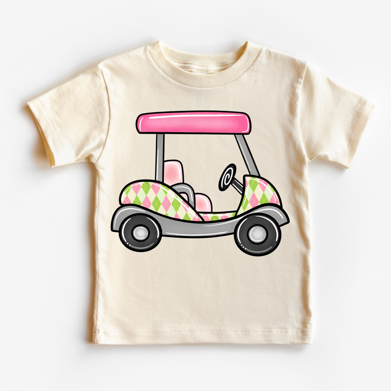 Pink Golf Cart Kids Shirt – Preppy Argyle Golf Tee for Girls – Cute Golf Outfit for Toddlers & Kids