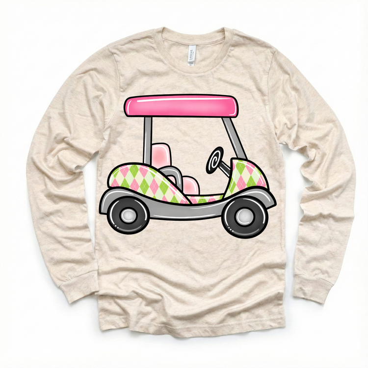 Pink Golf Cart Kids Shirt – Preppy Argyle Golf Tee for Girls – Cute Golf Outfit for Toddlers & Kids