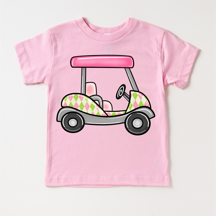 Pink Golf Cart Kids Shirt – Preppy Argyle Golf Tee for Girls – Cute Golf Outfit for Toddlers & Kids