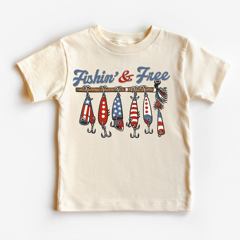 Fishin’ & Free Kids Patriotic Shirt – 4th Of July T-Shirt Red White Blue Fishing Lures Tee