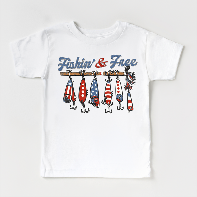 Fishin’ & Free Kids Patriotic Shirt – 4th Of July T-Shirt Red White Blue Fishing Lures Tee