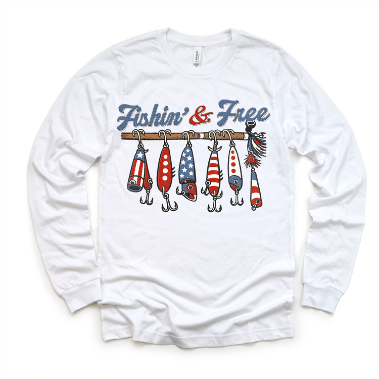 Fishin’ & Free Kids Patriotic Shirt – 4th Of July T-Shirt Red White Blue Fishing Lures Tee