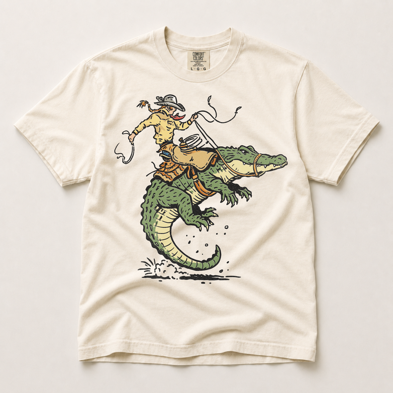 Cowboy Riding Alligator Comfort Colors Graphic Tee, Western Gator Rodeo Shirt