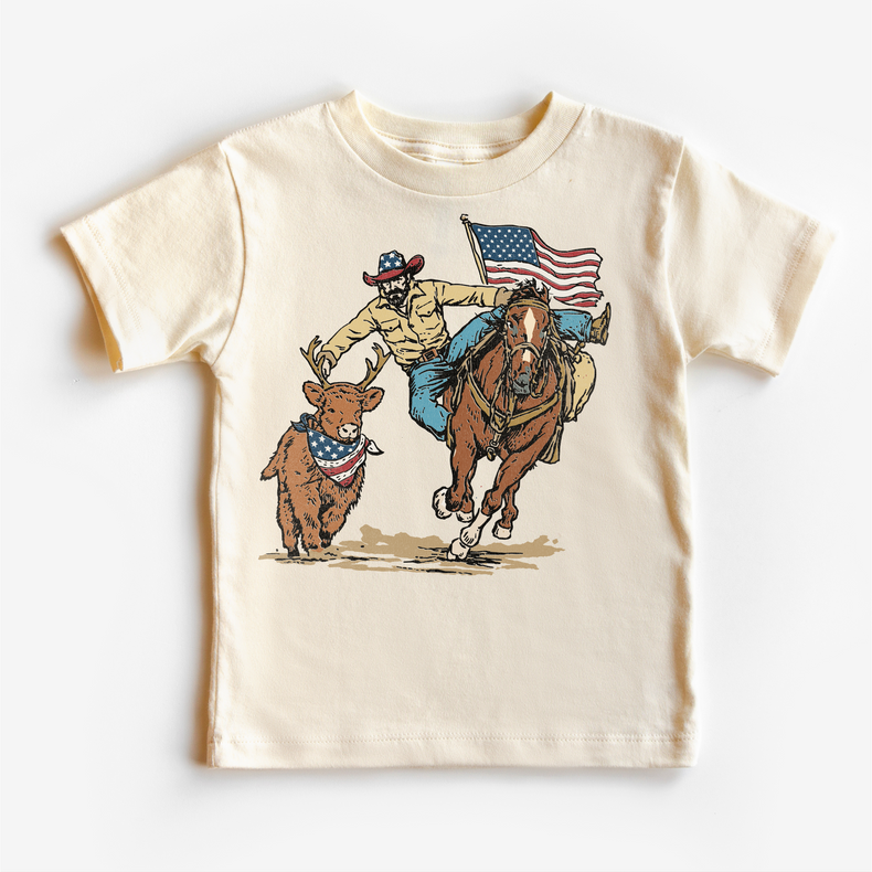Patriotic Cowboy Kids Shirt, 4th of July Rodeo Tee, American Flag Western Shirt, Cowboy Riding Horse Deer Graphic, Red White Blue Kids Shirt
