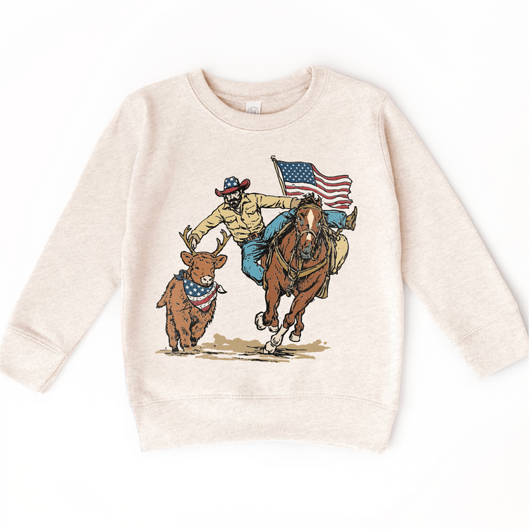 Patriotic Cowboy Kids Shirt, 4th of July Rodeo Tee, American Flag Western Shirt, Cowboy Riding Horse Deer Graphic, Red White Blue Kids Shirt