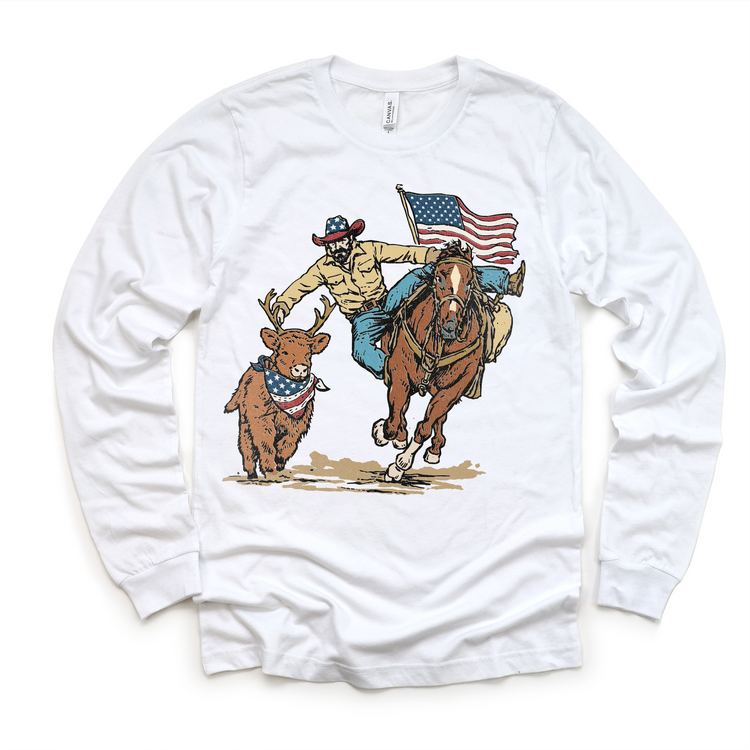 Patriotic Cowboy Kids Shirt, 4th of July Rodeo Tee, American Flag Western Shirt, Cowboy Riding Horse Deer Graphic, Red White Blue Kids Shirt