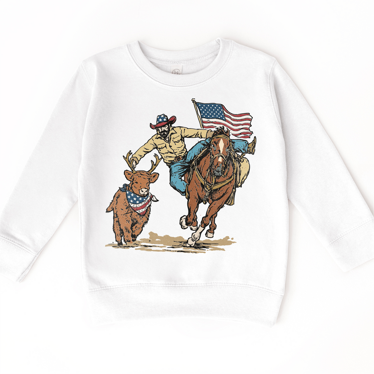 Patriotic Cowboy Kids Shirt, 4th of July Rodeo Tee, American Flag Western Shirt, Cowboy Riding Horse Deer Graphic, Red White Blue Kids Shirt