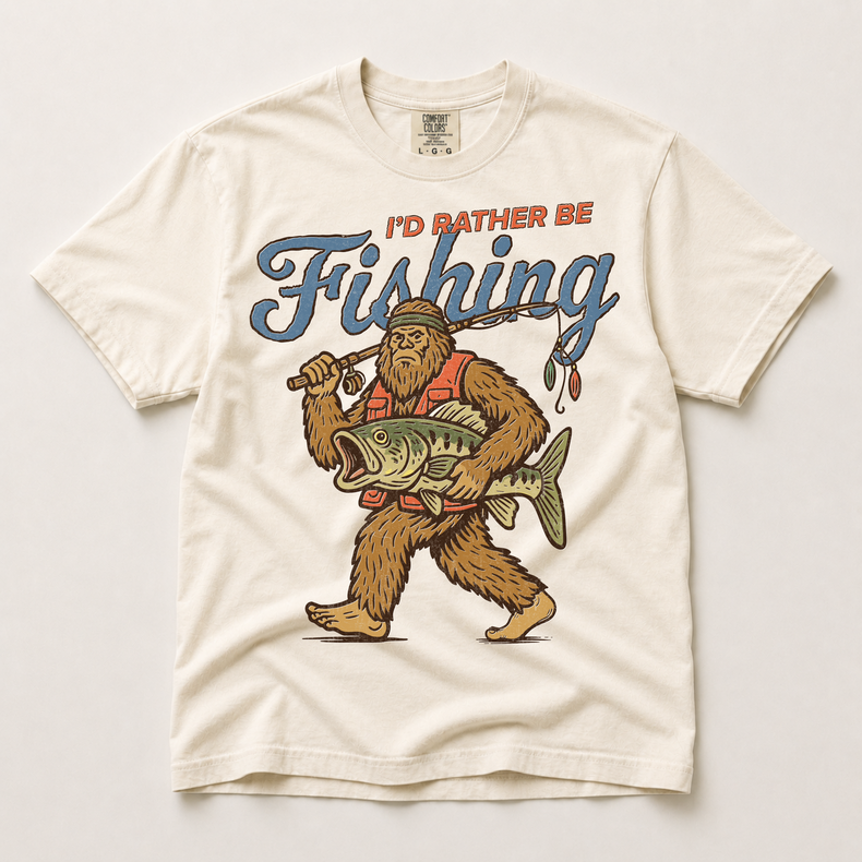 I'd Rather Be Fishing Shirt, Sasquatch Fishing Tee, Bigfoot Bass Fish Graphic Shirt, Funny Outdoors Comfort Colors Tee
