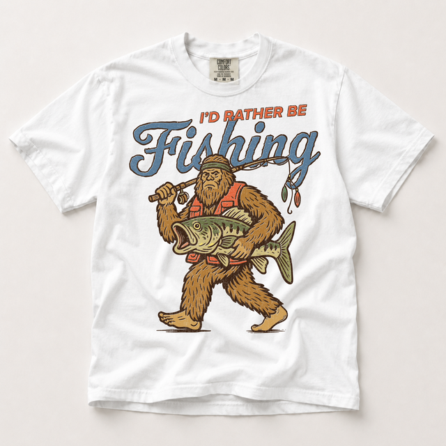 I'd Rather Be Fishing Shirt, Sasquatch Fishing Tee, Bigfoot Bass Fish Graphic Shirt, Funny Outdoors Comfort Colors Tee