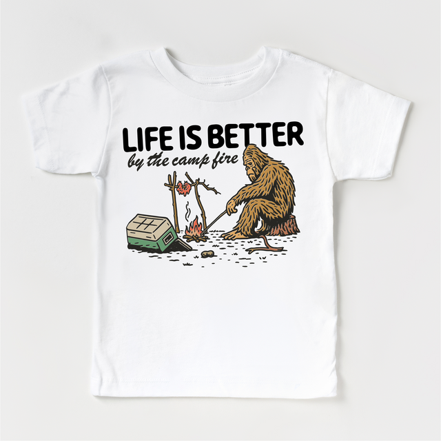 Life Is Better by the Campfire Kids T-Shirt | Funny Sasquatch Camping Tee | Outdoor Adventure Kids Shirt | Bigfoot Graphic Tee