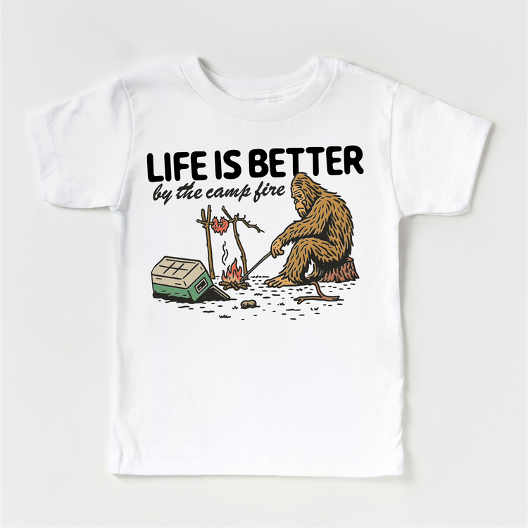 Life Is Better by the Campfire Kids T-Shirt | Funny Sasquatch Camping Tee | Outdoor Adventure Kids Shirt | Bigfoot Graphic Tee
