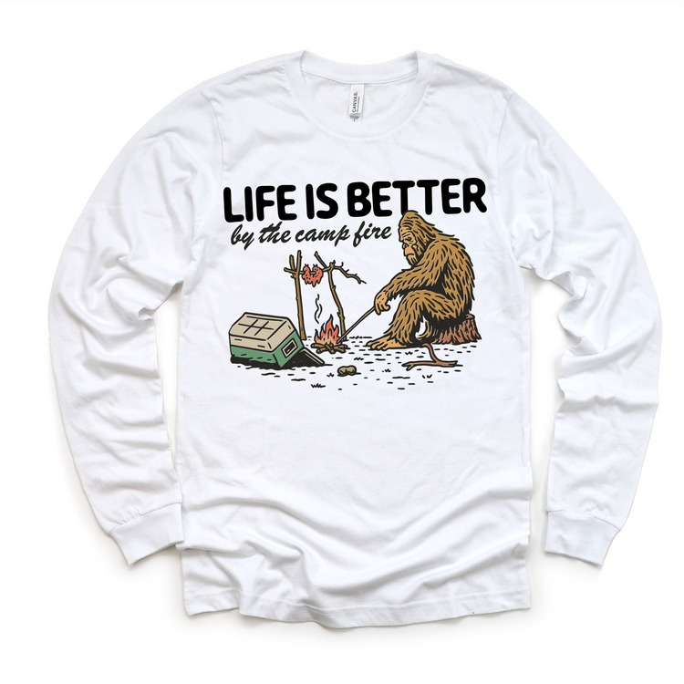 Life Is Better by the Campfire Kids T-Shirt | Funny Sasquatch Camping Tee | Outdoor Adventure Kids Shirt | Bigfoot Graphic Tee