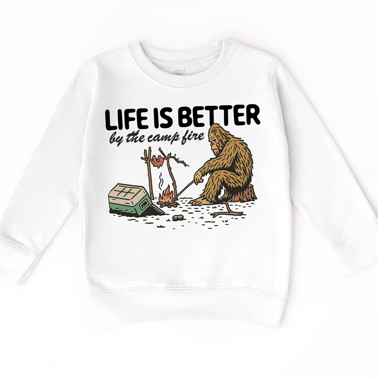 Life Is Better by the Campfire Kids T-Shirt | Funny Sasquatch Camping Tee | Outdoor Adventure Kids Shirt | Bigfoot Graphic Tee