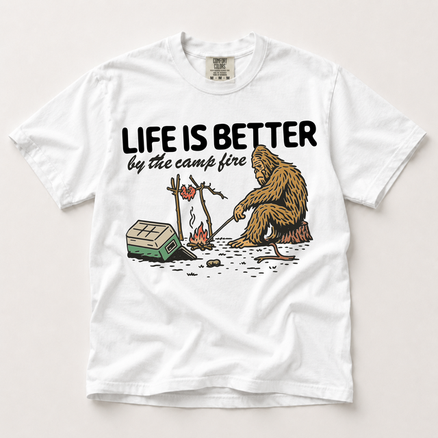 Bigfoot Campfire Comfort Colors Graphic Tee, Life Is Better By The Camp Fire Camping Shirt