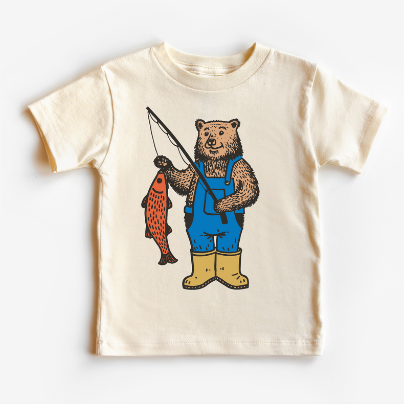 Kids Fishing Bear T-Shirt | Cute Bear Catching Fish Tee | Outdoorsy Kids Shirt | Woodland Animal Graphic Tee