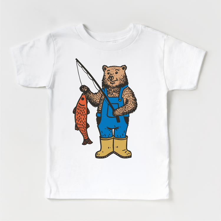 Kids Fishing Bear T-Shirt | Cute Bear Catching Fish Tee | Outdoorsy Kids Shirt | Woodland Animal Graphic Tee
