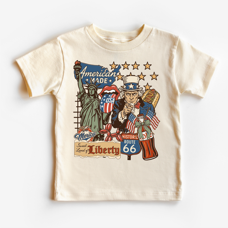American Made Kids Shirt, Patriotic Toddler Tee, USA Fourth of July Shirt, Uncle Sam Liberty Route 66 Graphic Tee, Red White Blue Kids Shirt