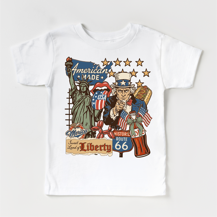 American Made Kids Shirt, Patriotic Toddler Tee, USA Fourth of July Shirt, Uncle Sam Liberty Route 66 Graphic Tee, Red White Blue Kids Shirt