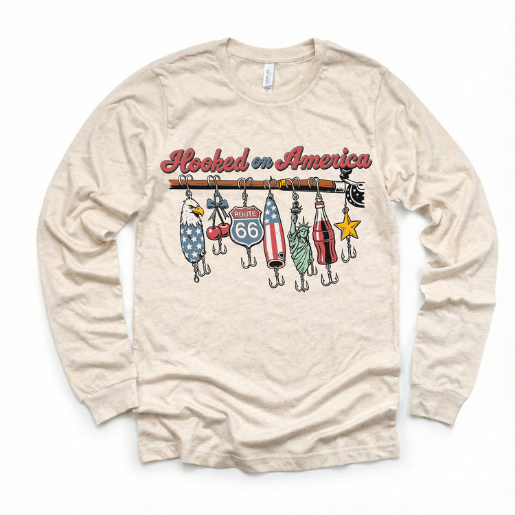 Hooked on America Kids Fishing Tee – Patriotic Fishing Lures Shirt – 4th of July Kids Graphic Tee – Americana Summer Outfit
