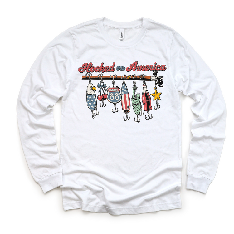 Hooked on America Kids Fishing Tee – Patriotic Fishing Lures Shirt – 4th of July Kids Graphic Tee – Americana Summer Outfit