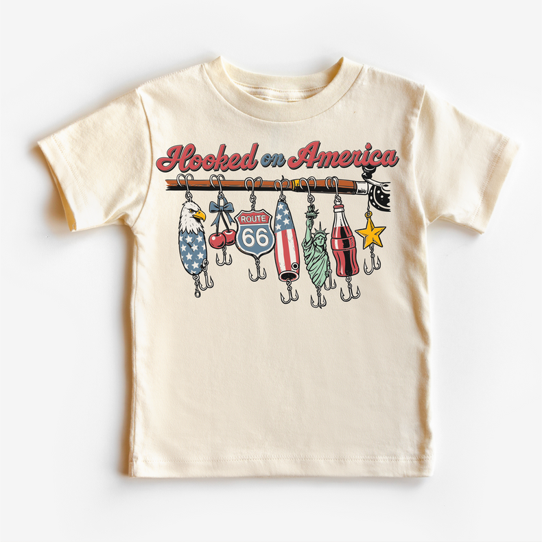 Hooked on America Kids Fishing Tee – Patriotic Fishing Lures Shirt – 4th of July Kids Graphic Tee – Americana Summer Outfit