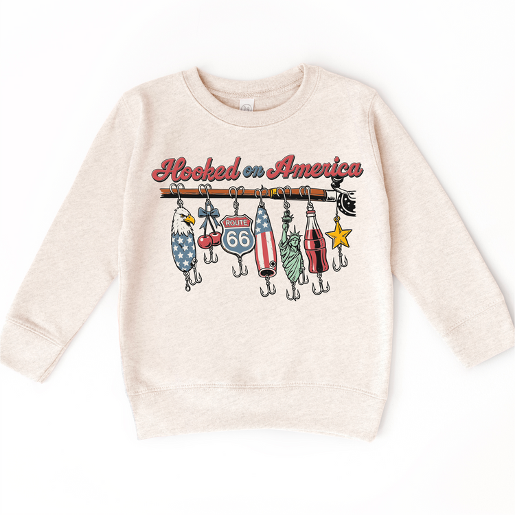 Hooked on America Kids Fishing Tee – Patriotic Fishing Lures Shirt – 4th of July Kids Graphic Tee – Americana Summer Outfit