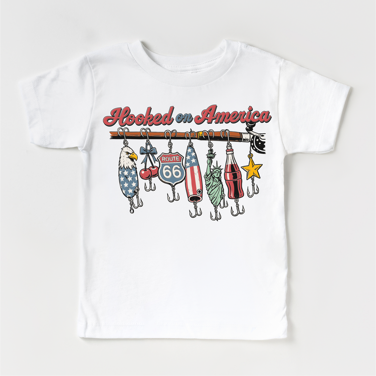 Hooked on America Kids Fishing Tee – Patriotic Fishing Lures Shirt – 4th of July Kids Graphic Tee – Americana Summer Outfit