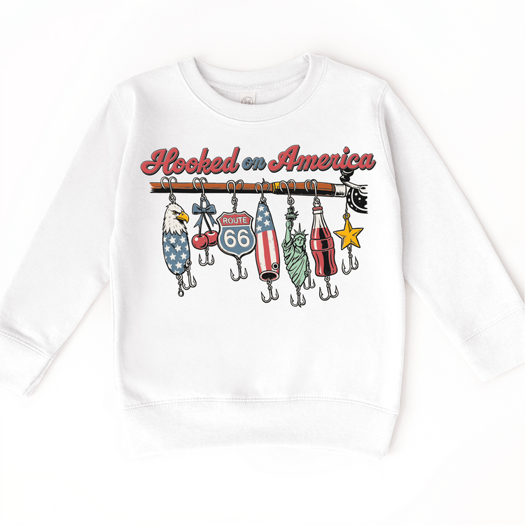 Hooked on America Kids Fishing Tee – Patriotic Fishing Lures Shirt – 4th of July Kids Graphic Tee – Americana Summer Outfit
