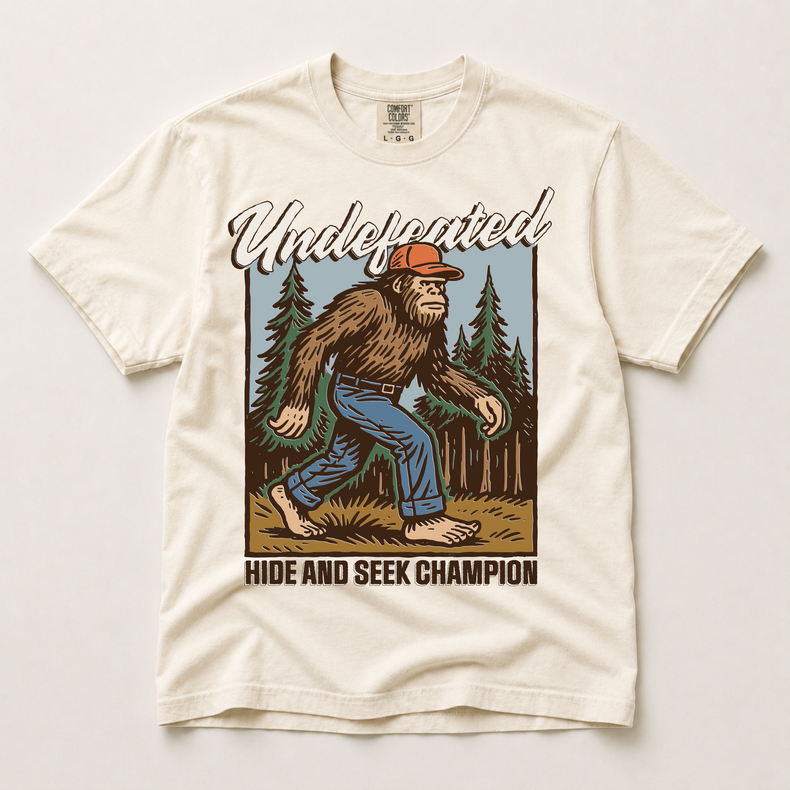 Undeated Hide And Seek Champion Shirt, Bigfoot Sasquatch Graphic Tee, Funny Outdoor Camping Comfort Colors Shirt