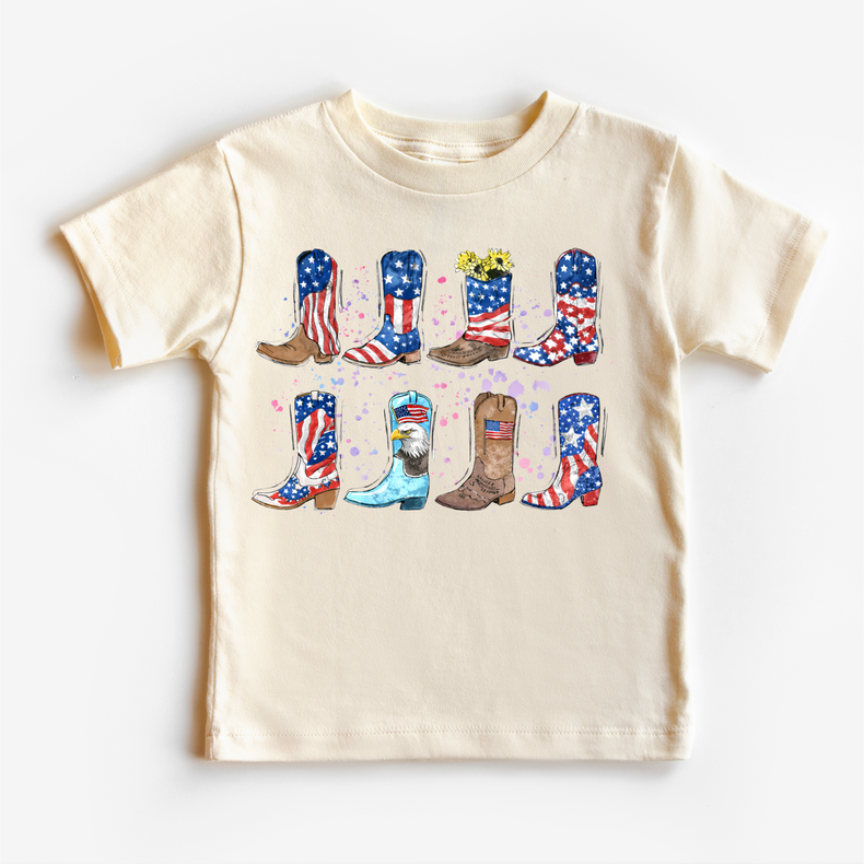 Patriotic Cowboy Boots Kids T-Shirt – Red White & Blue Western Graphic Tee – USA Flag Boots Fourth of July Shirt