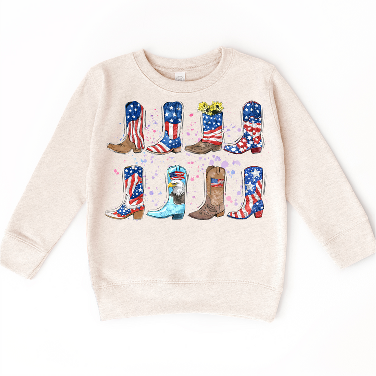 Patriotic Cowboy Boots Kids T-Shirt – Red White & Blue Western Graphic Tee – USA Flag Boots Fourth of July Shirt