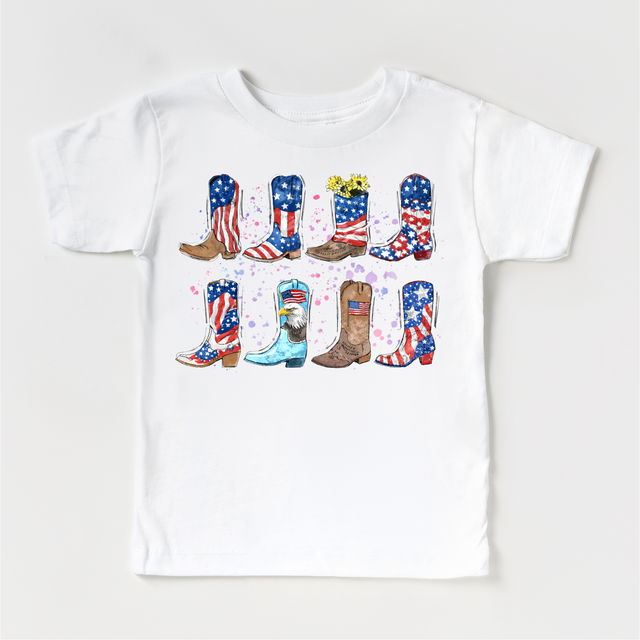 Patriotic Cowboy Boots Kids T-Shirt – Red White & Blue Western Graphic Tee – USA Flag Boots Fourth of July Shirt