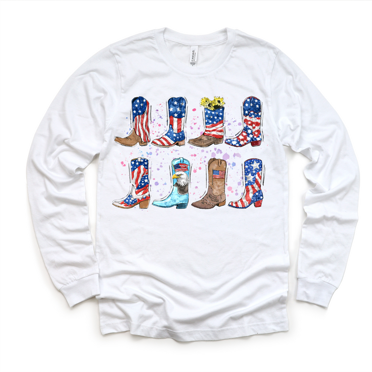 Patriotic Cowboy Boots Kids T-Shirt – Red White & Blue Western Graphic Tee – USA Flag Boots Fourth of July Shirt