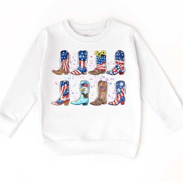 Patriotic Cowboy Boots Kids T-Shirt – Red White & Blue Western Graphic Tee – USA Flag Boots Fourth of July Shirt