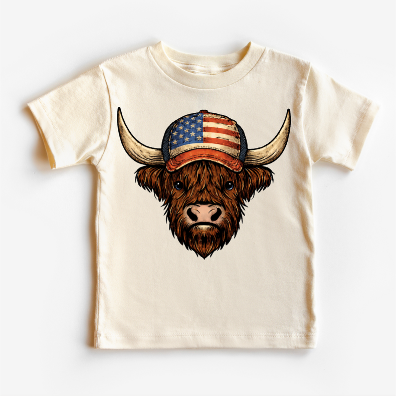 4th Of July Distressed Highland Cow Patriotic Hat Tee | Vintage American Flag Cow Graphic | Western Rustic USA Shirt | Fourth of July Boutique Tee