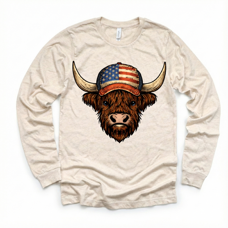 4th Of July Distressed Highland Cow Patriotic Hat Tee | Vintage American Flag Cow Graphic | Western Rustic USA Shirt | Fourth of July Boutique Tee