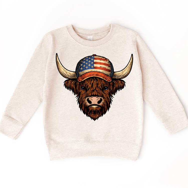 4th Of July Distressed Highland Cow Patriotic Hat Tee | Vintage American Flag Cow Graphic | Western Rustic USA Shirt | Fourth of July Boutique Tee