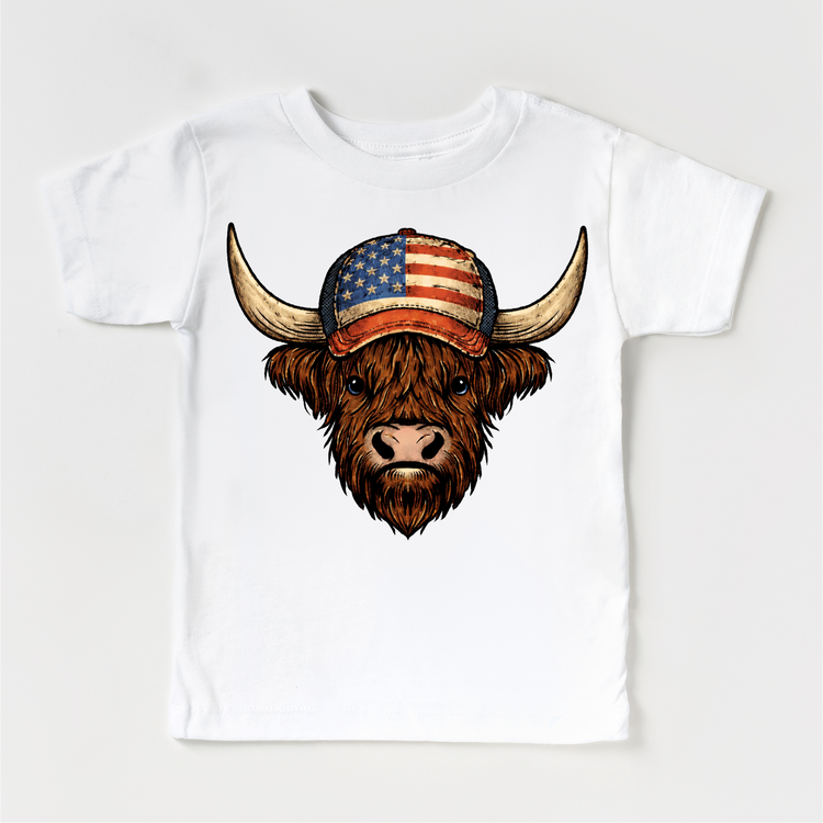 4th Of July Distressed Highland Cow Patriotic Hat Tee | Vintage American Flag Cow Graphic | Western Rustic USA Shirt | Fourth of July Boutique Tee