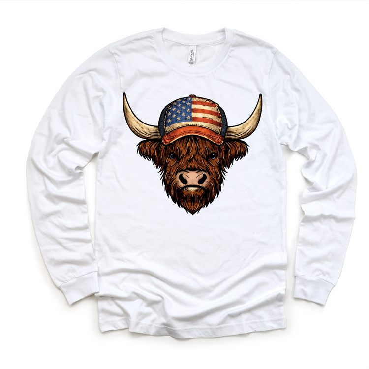 4th Of July Distressed Highland Cow Patriotic Hat Tee | Vintage American Flag Cow Graphic | Western Rustic USA Shirt | Fourth of July Boutique Tee