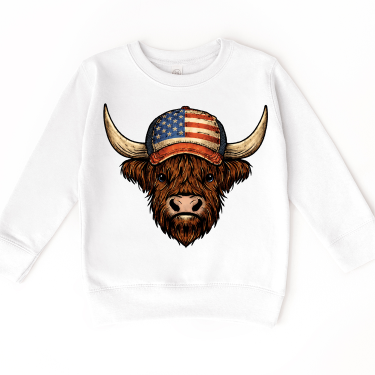 4th Of July Distressed Highland Cow Patriotic Hat Tee | Vintage American Flag Cow Graphic | Western Rustic USA Shirt | Fourth of July Boutique Tee