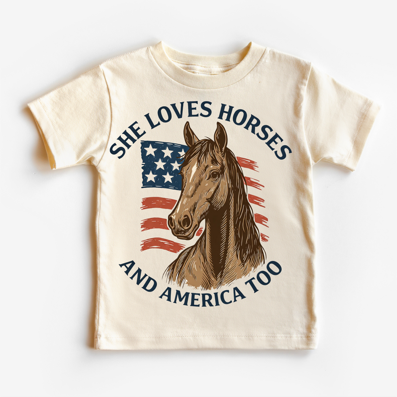 She Loves Horses And American Too T-Shirt - Cowgirl and 4th Of July Tee