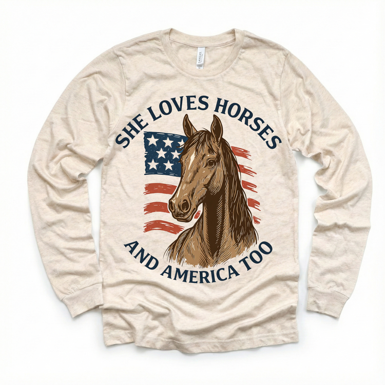 She Loves Horses And American Too T-Shirt - Cowgirl and 4th Of July Tee